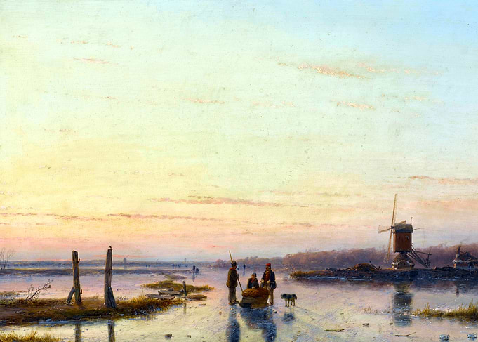 Windmill Beside a Frozen River with Ice Skaters by Andreas Schelfhout Winter Snow Landscape Painting
