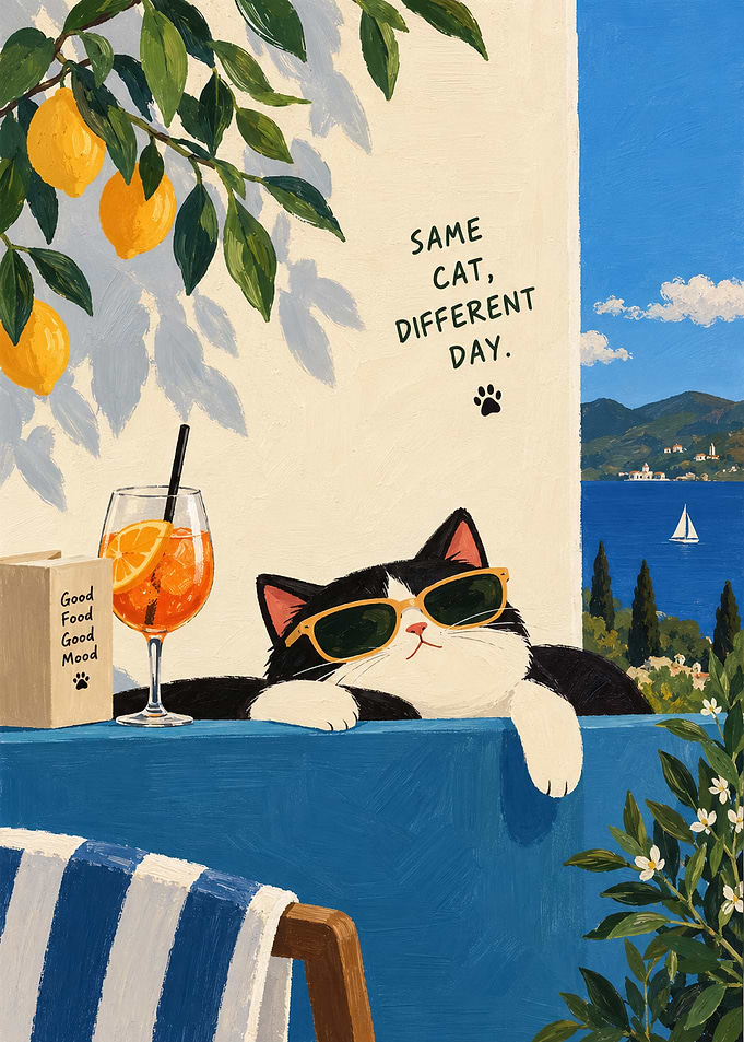 Same Cat, Different Day – Relaxed Cat Coastal Art Poster