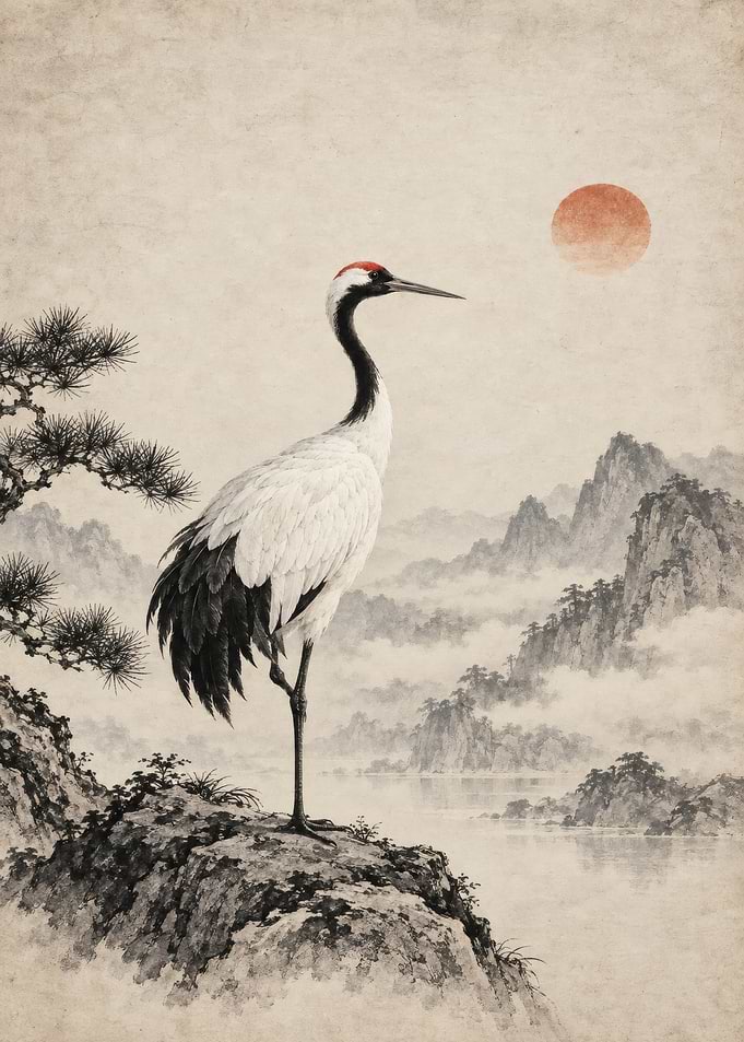 Red-Crowned Crane in Mountain Landscape / Traditional Japanese Creation