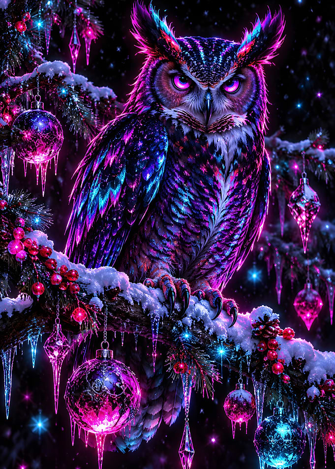 Neon Owl Snowy Branch Ornaments