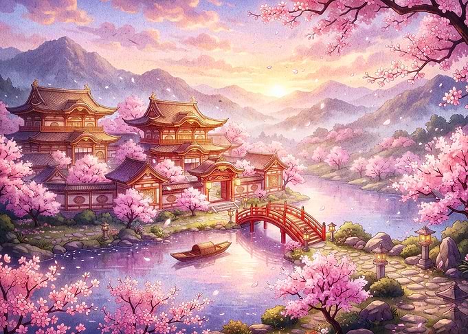 Japan Cherry Blossom Temple Art