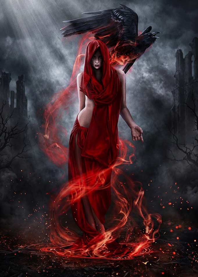 Mystical Woman in Red with Raven