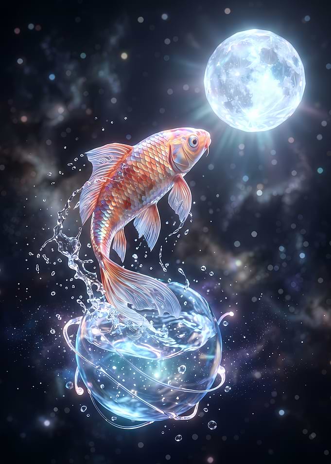 Goldfish Leaping Toward Glowing Moon