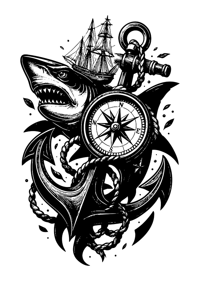 Nautical Shark and Anchor Tattoo Design