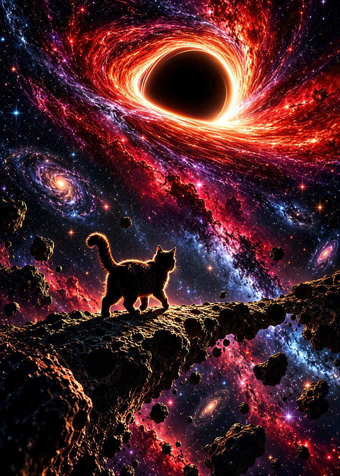 Cat Walking on Asteroid in Space