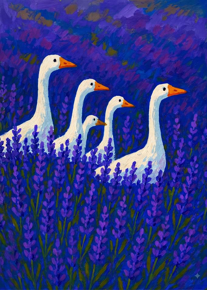 Four White Geese in Lavender Field