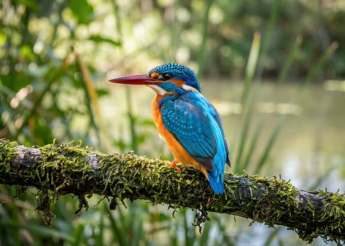 Common Kingfisher on Mossy Branch