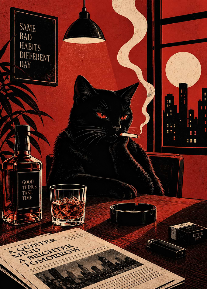 Noir Black Cat Smoking at Desk