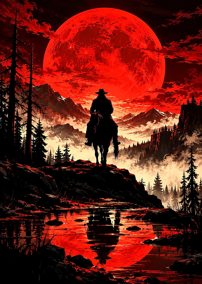 Lone Cowboy Under Blood Moon