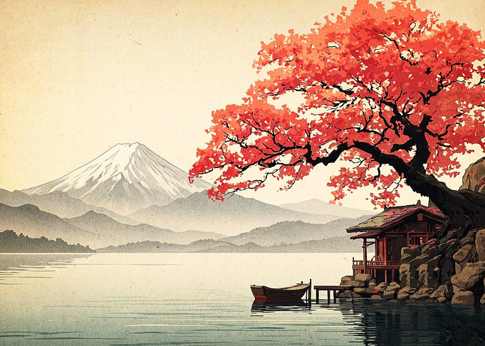 Japan Mountain Red Tree Ukiyo-e Art