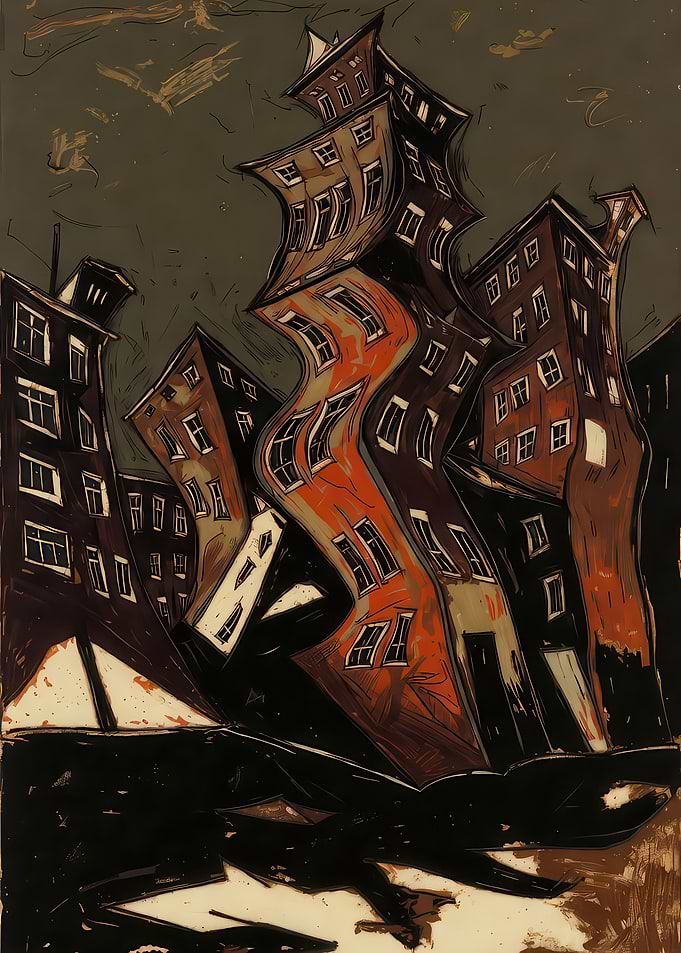 Expressionist Distorted Cityscape Painting
