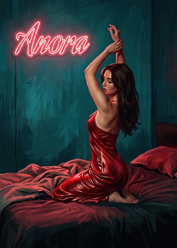 Woman in Red Dress Under Neon