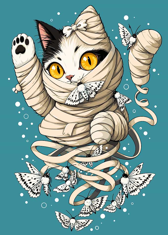 Cute Mummy Cat with Moths