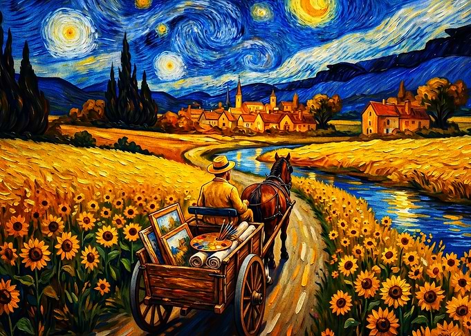 Starry Night Sunflower Cart Art