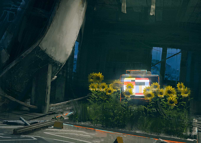Sunflowers and Retro TV in Ruins