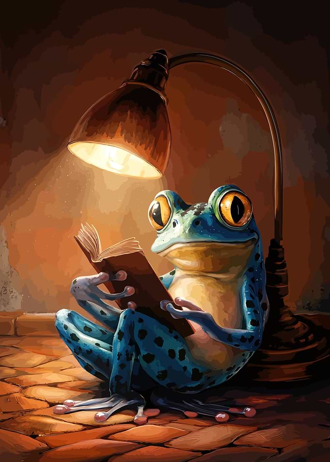 Blue Frog Reading Under Lamp