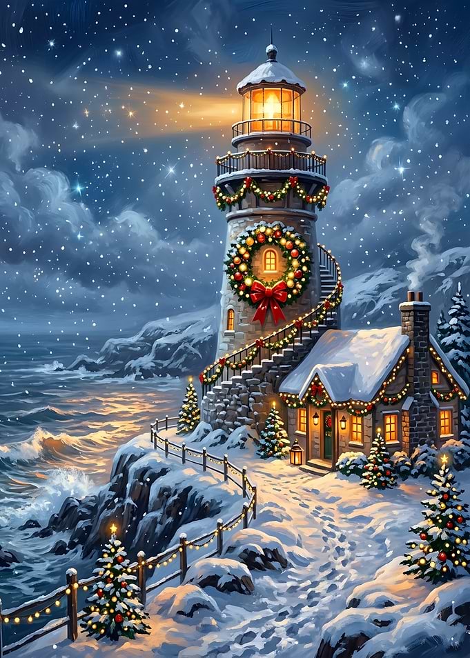 Winter Christmas Lighthouse Sea Painting