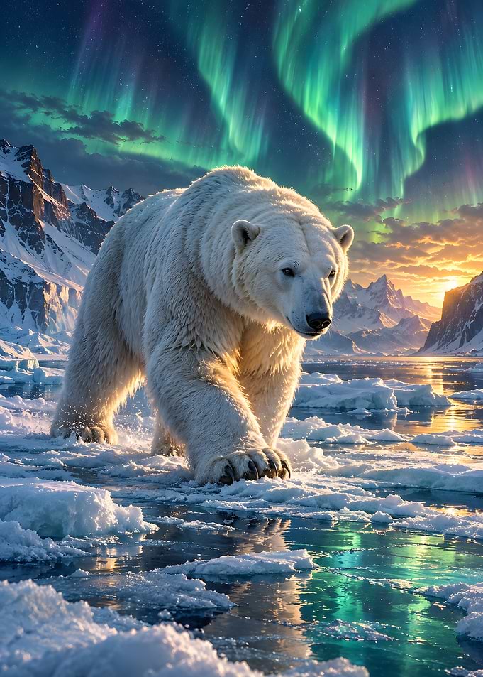 Polar Bear Walking On Ice Under Aurora Sky