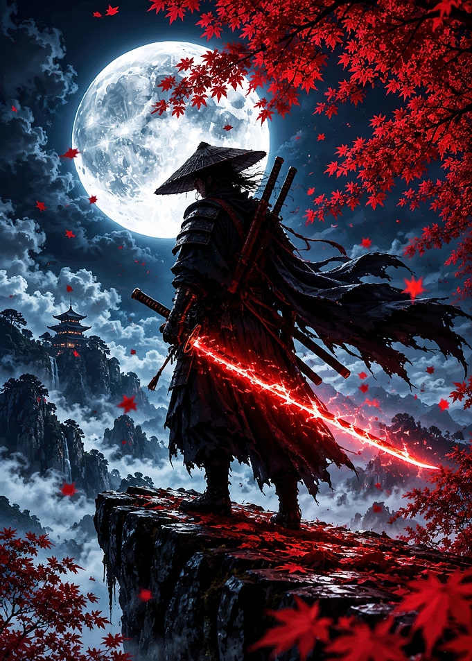 Samurai Warrior Under Red Moon