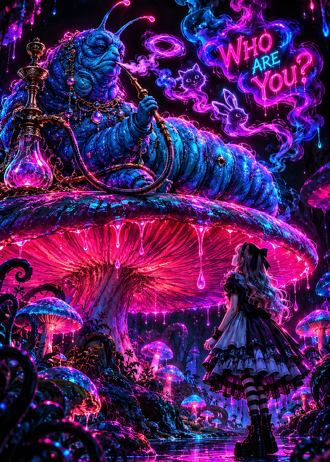 Blue Caterpillar On Neon Mushroom