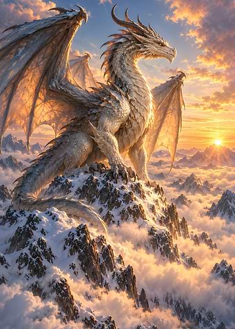 White Dragon On Snowy Peak Above Golden Clouds