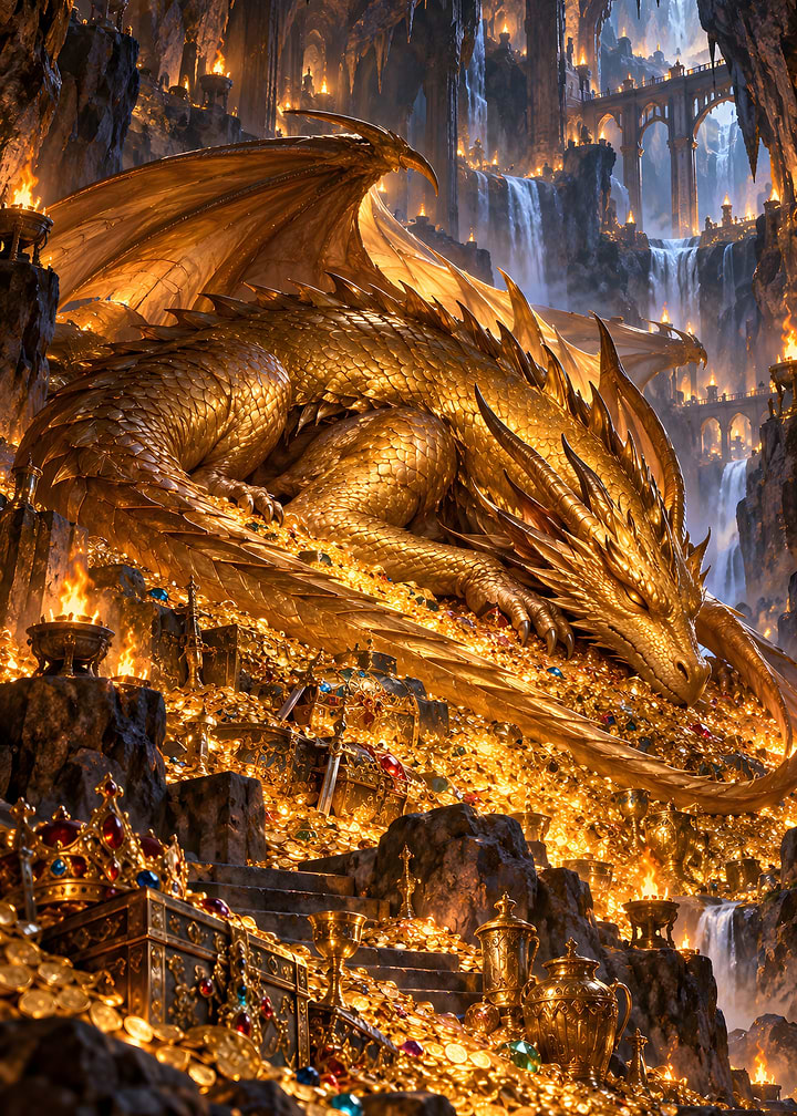 Golden Dragon Sleeping On Treasure Hoard Cave