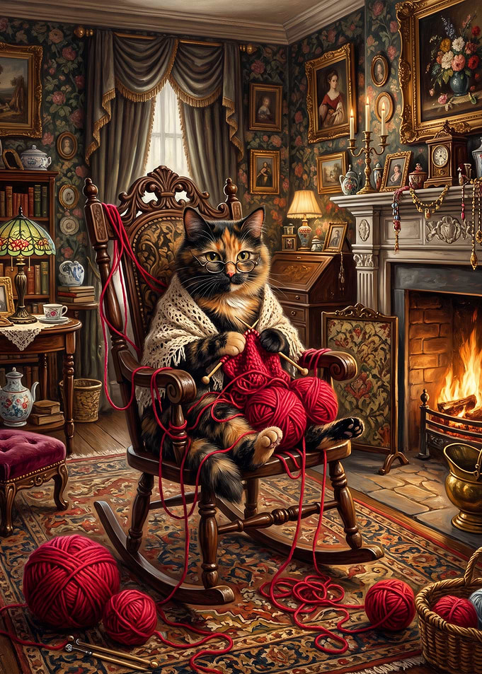 Cozy Cat Knitting by Fireplace