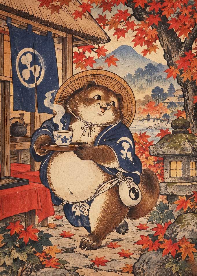 Tanuki Tea House Autumn Ukiyo-e Art