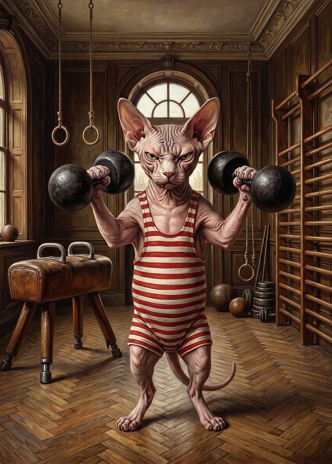 Sphynx Cat Lifting Weights in Gym