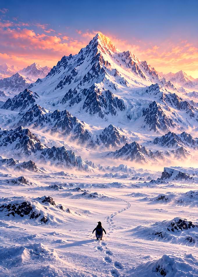 Lone Penguin Walking Toward Snowy Mountains