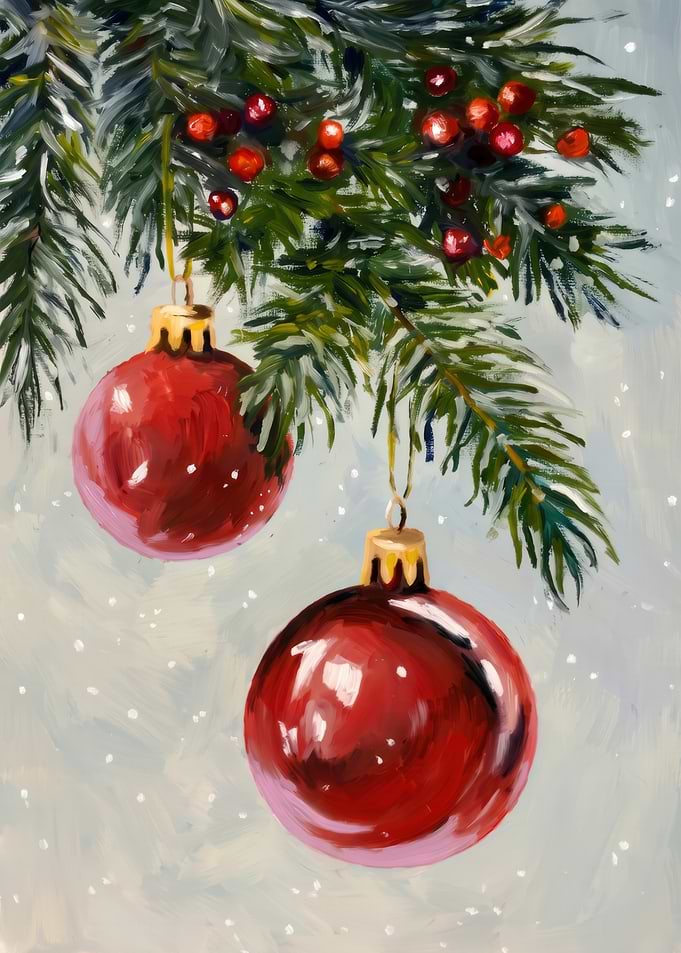 Red Christmas Ornaments on Pine Branch