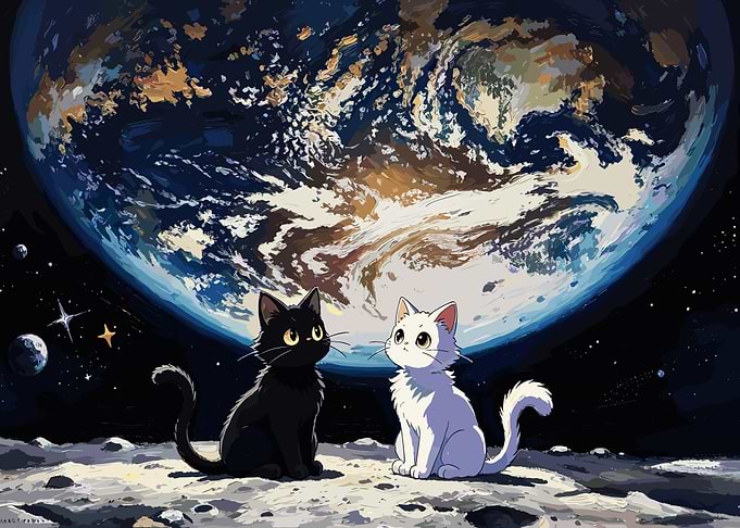 Two Cats Watching Earth from Moon