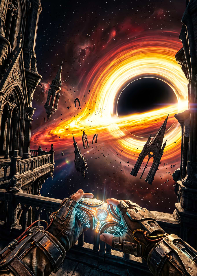 Gothic Architecture Floating Near Black Hole