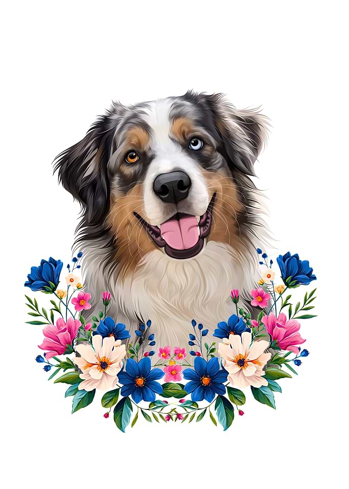 Australian Shepherd Portrait with Floral Wreath