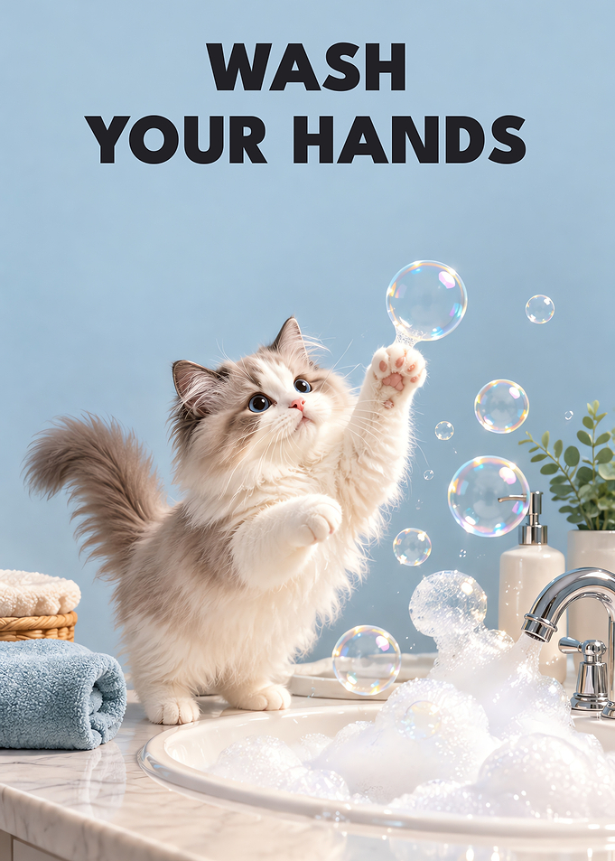 Wash Your Hands Kitten Soap Bubbles Bathroom Sign