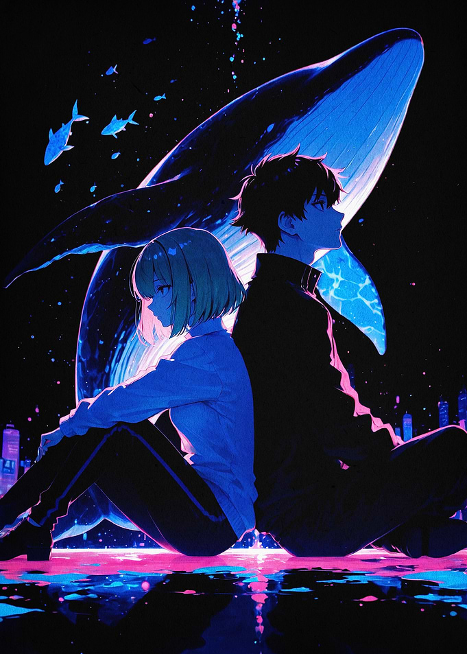 Anime Whale Night Neon Art Poster