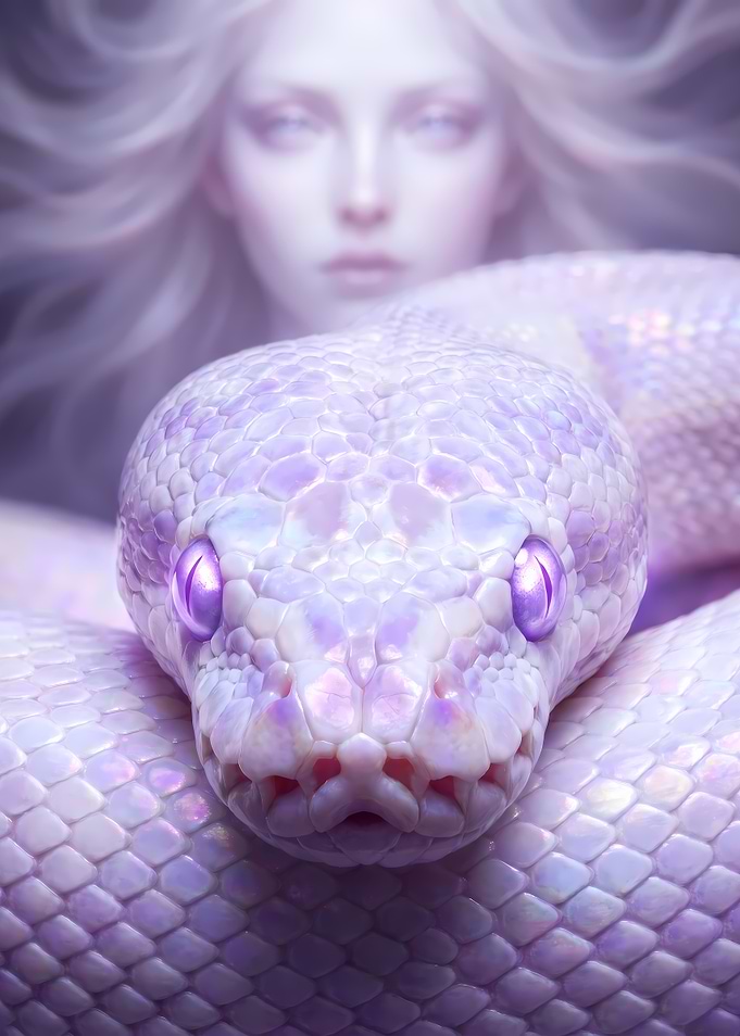 Ethereal Woman with Iridescent White Snake