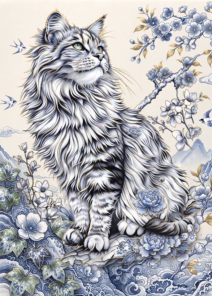 Elegant Porcelain Style Cat Illustration