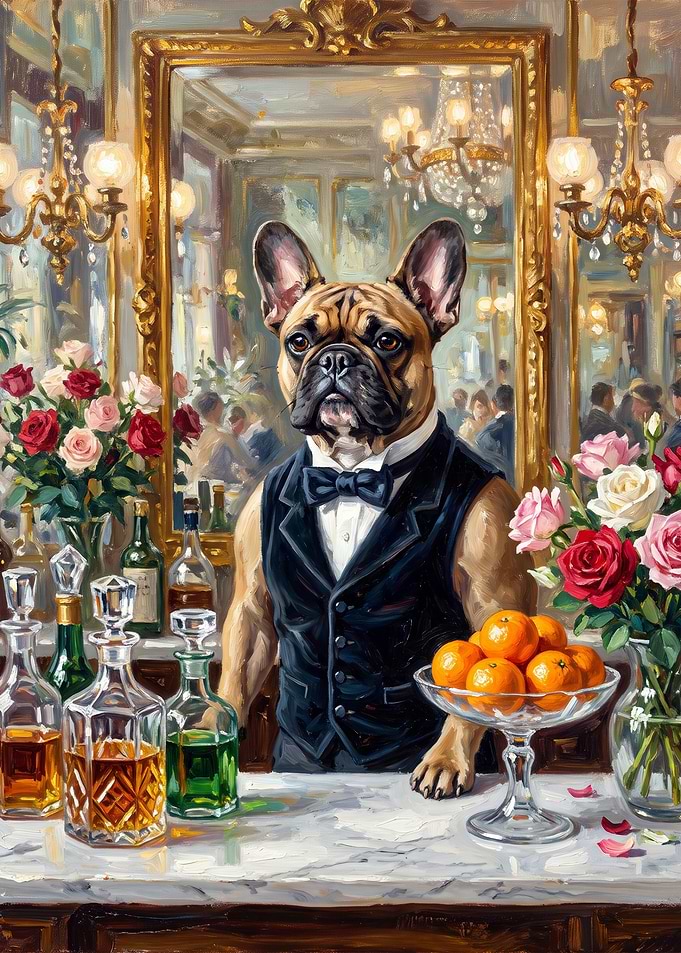 French Bulldog Bartender Oil Painting