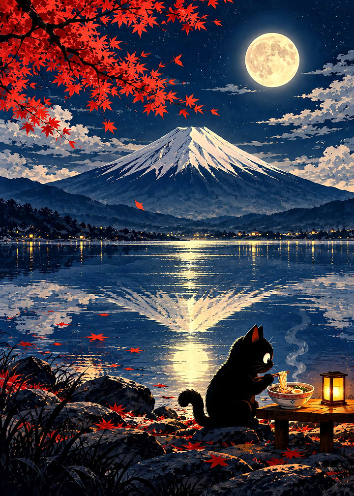 Black Cat Eating Ramen by Fuji