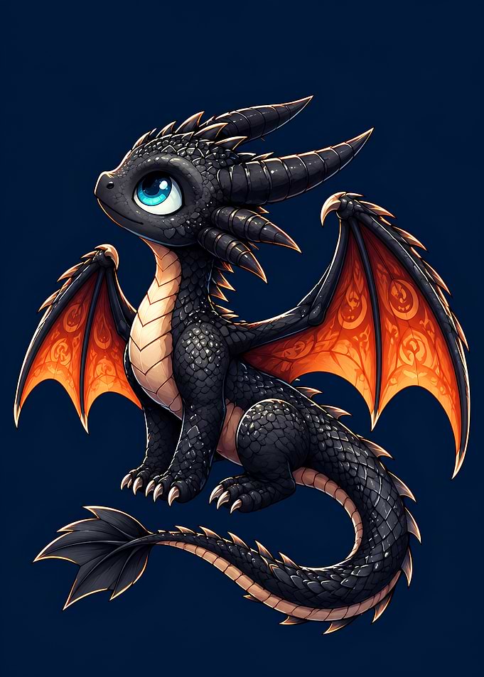 Cute Baby Black Dragon Fantasy Illustration