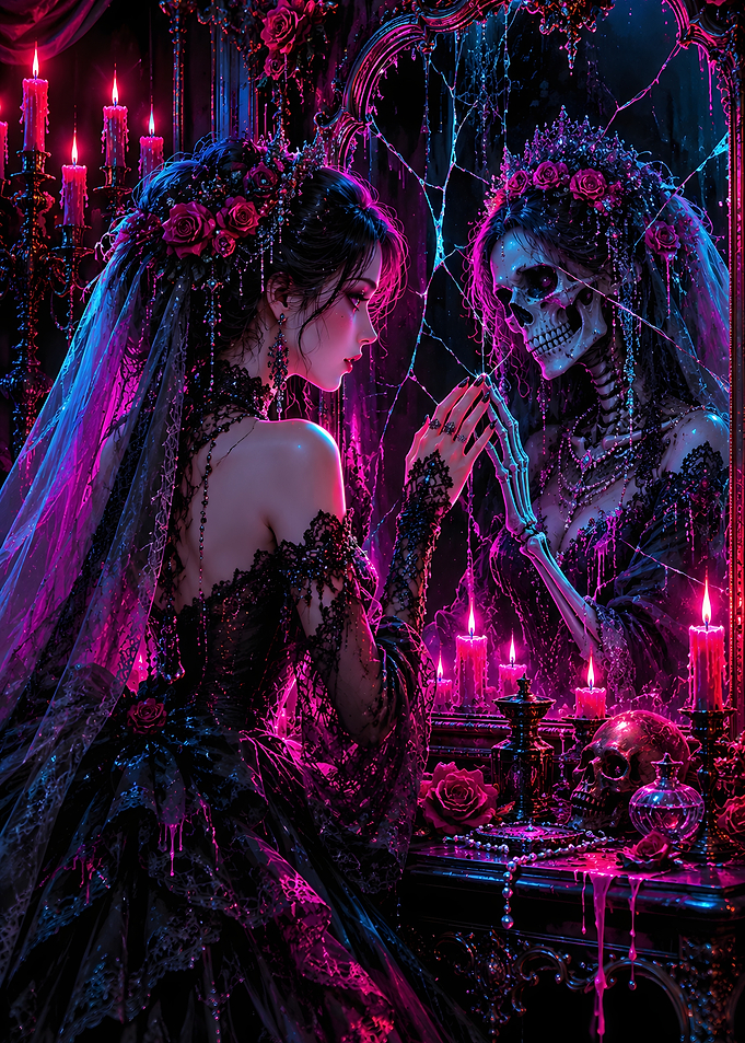 Gothic Bride Skeleton Mirror Reflection