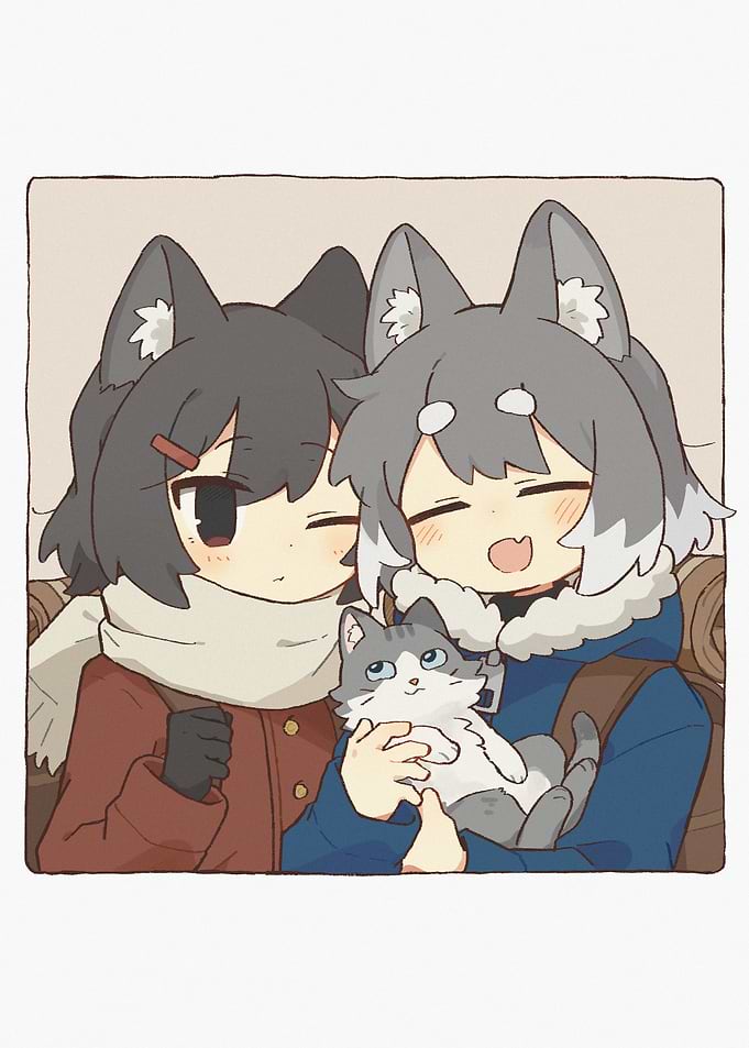 Two Anime Girls Holding a Cat