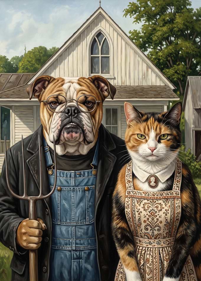 American Gothic Dog and Cat Portrait