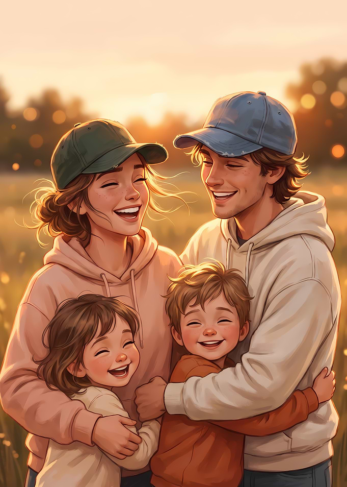 Happy Family Hugging at Sunset