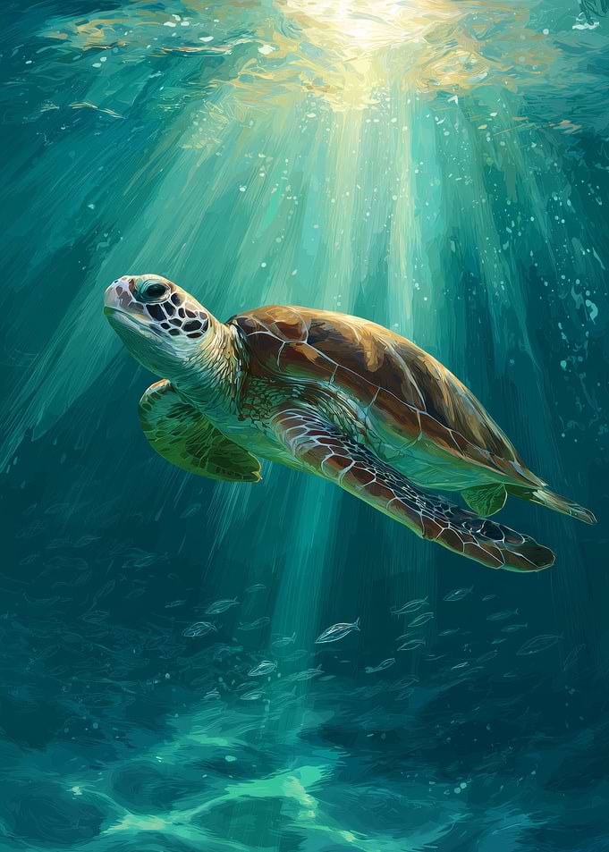 Sea Turtle Swimming in Sunlit Ocean