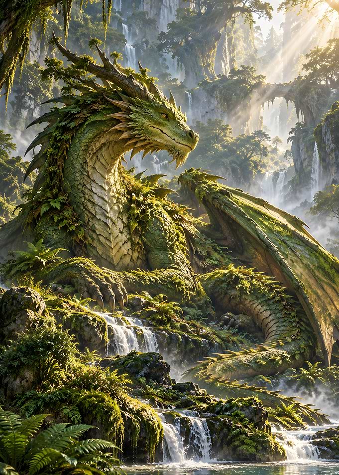 Green Forest Dragon Resting By Jungle Waterfall