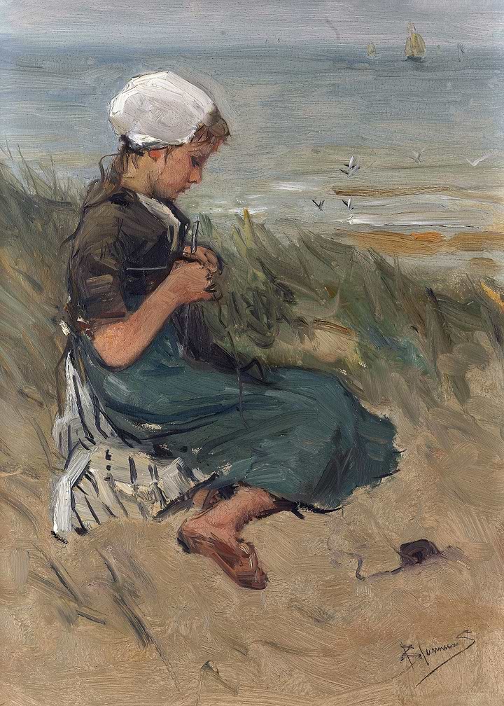 Girl Knitting on the Beach Painting