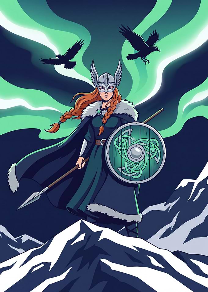 Valkyrie Warrior Under Northern Lights