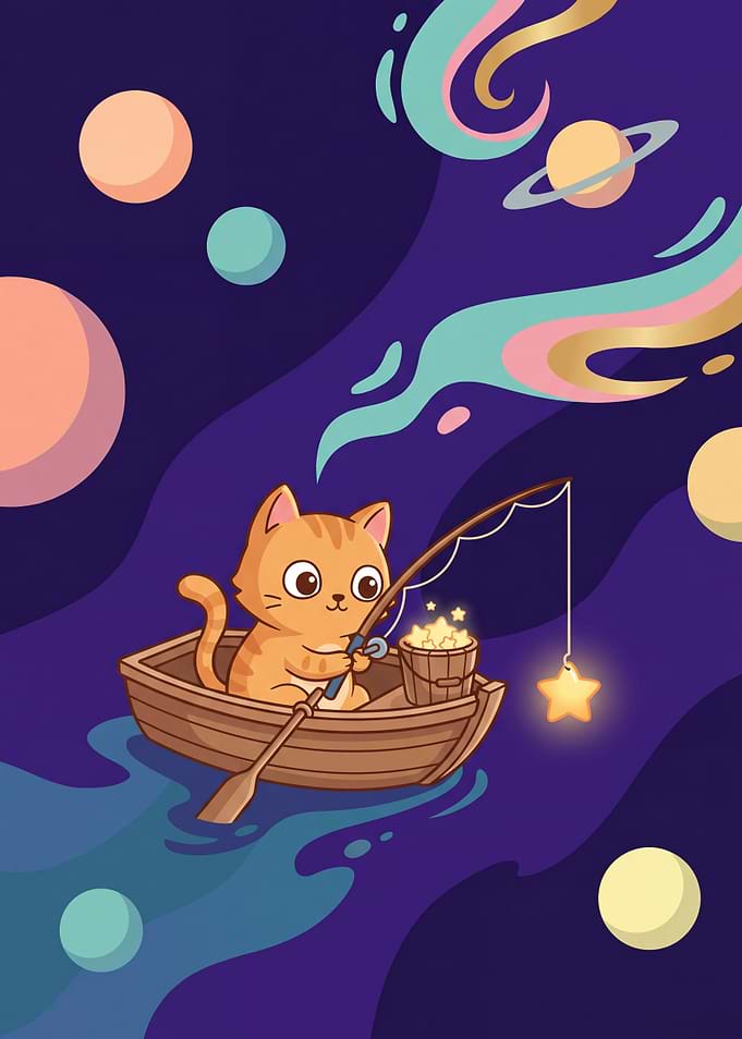 Cute Cat Fishing for Stars in Space